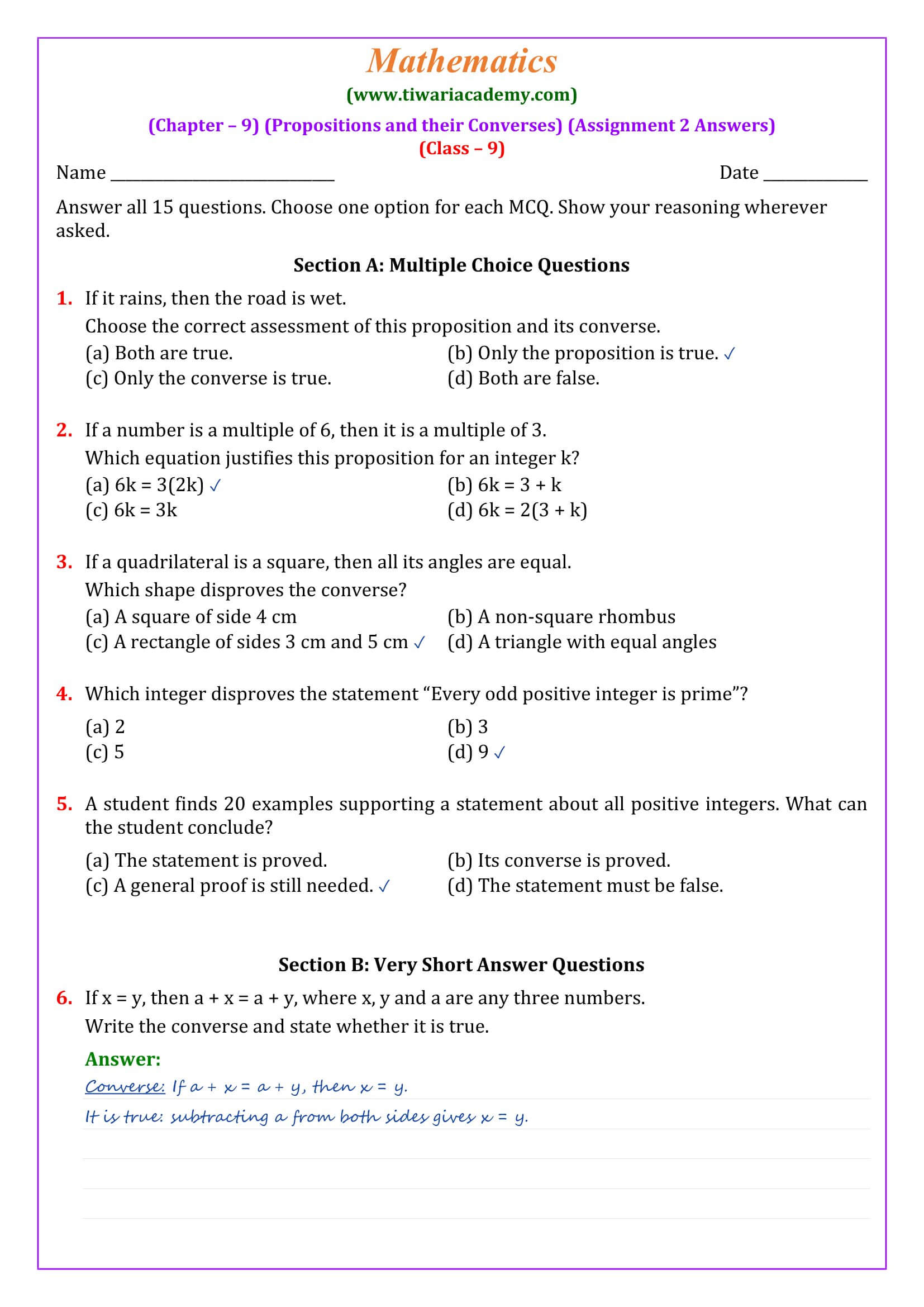 Class 9 Maths Ganita Manjari Chapter 9 Assignment 2 Page 1