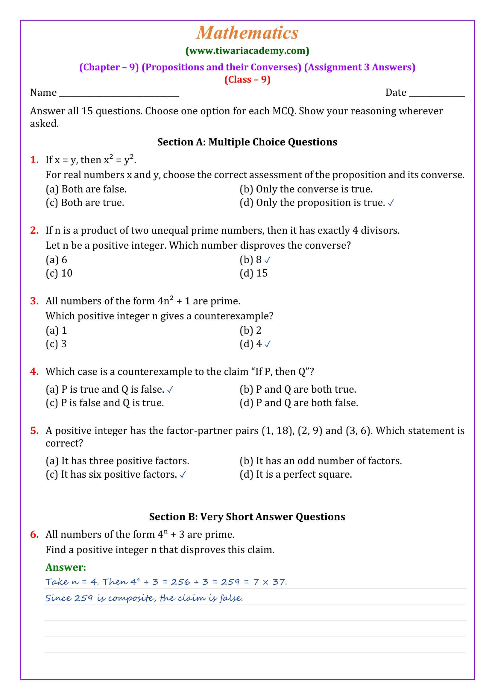 Class 9 Maths Ganita Manjari Chapter 9 Assignment 3 Page 1