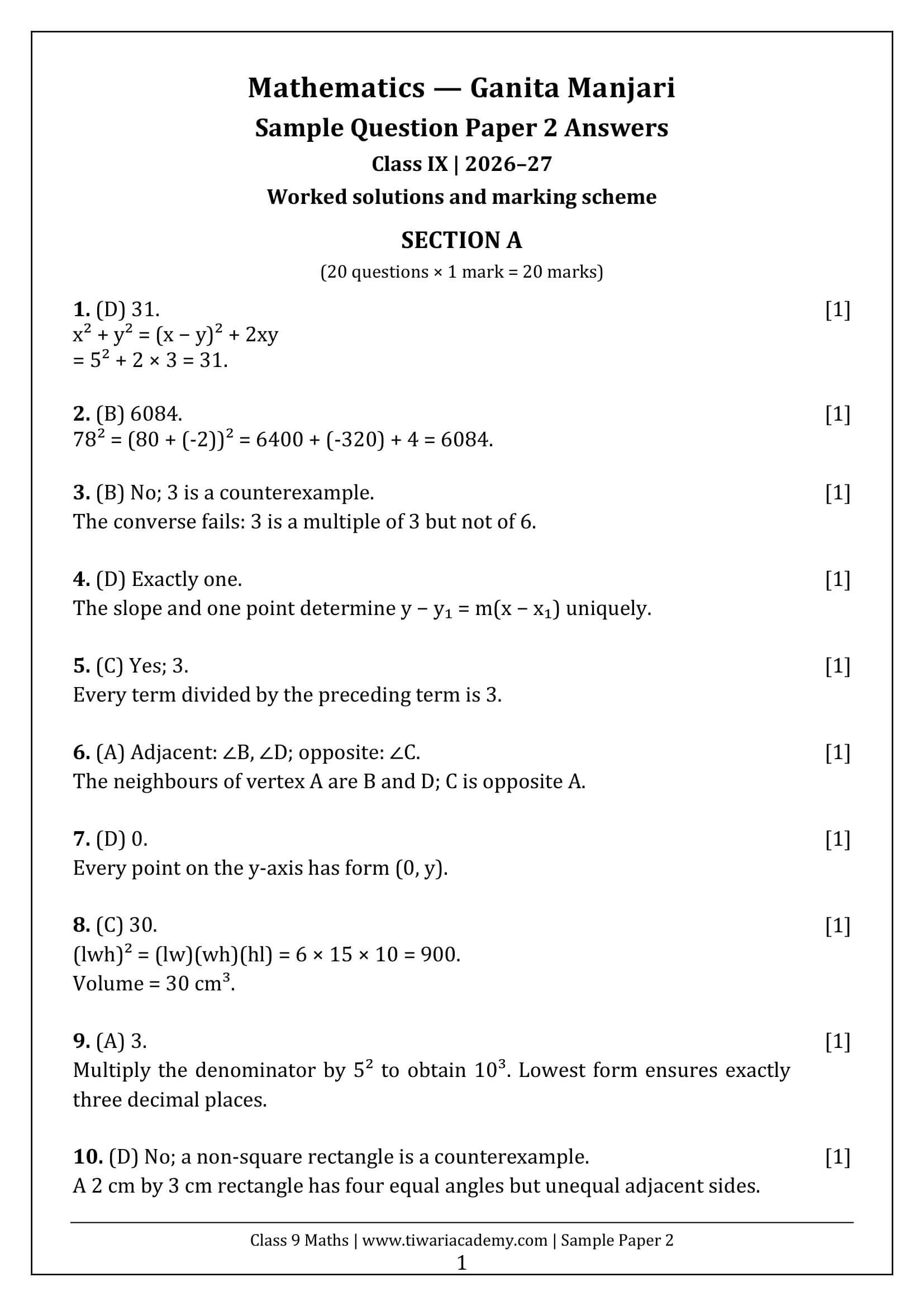 Class 9 Maths Ganita Manjari Sample Paper 2 Answers Page 1