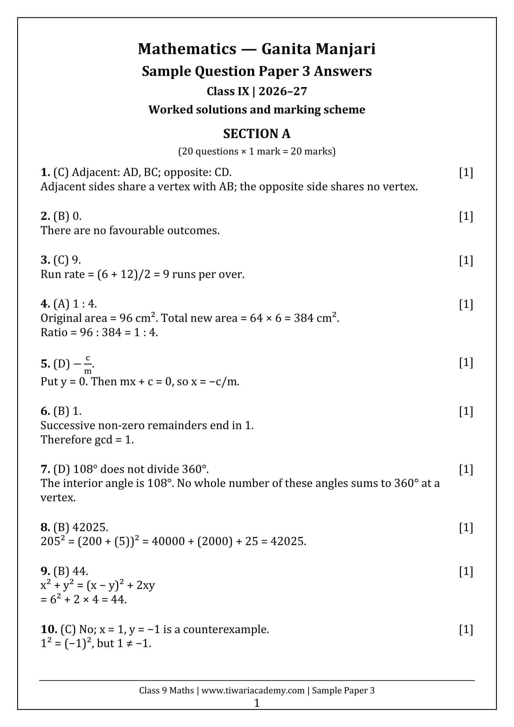 Class 9 Maths Ganita Manjari Sample Paper 3 Answers Page 1