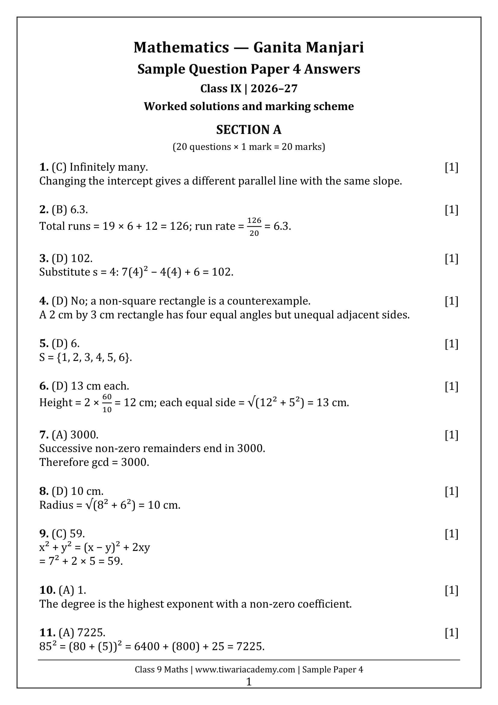 Class 9 Maths Ganita Manjari Sample Paper 4 Answers Page 1