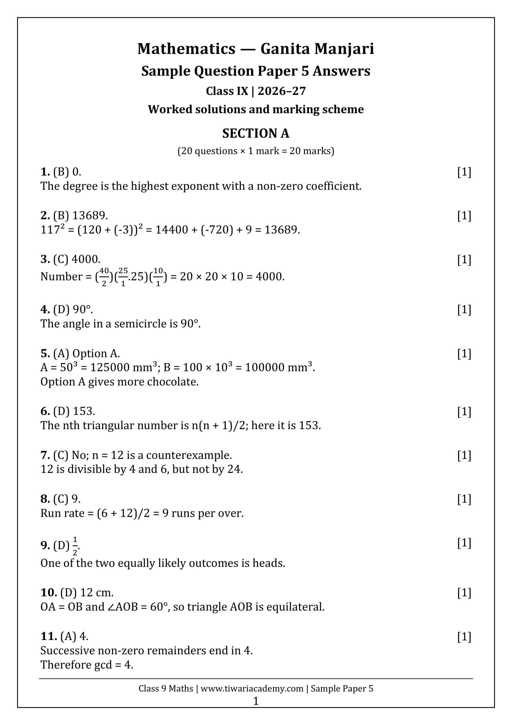 Class 9 Maths Ganita Manjari Sample Paper 5 Answers Page 1