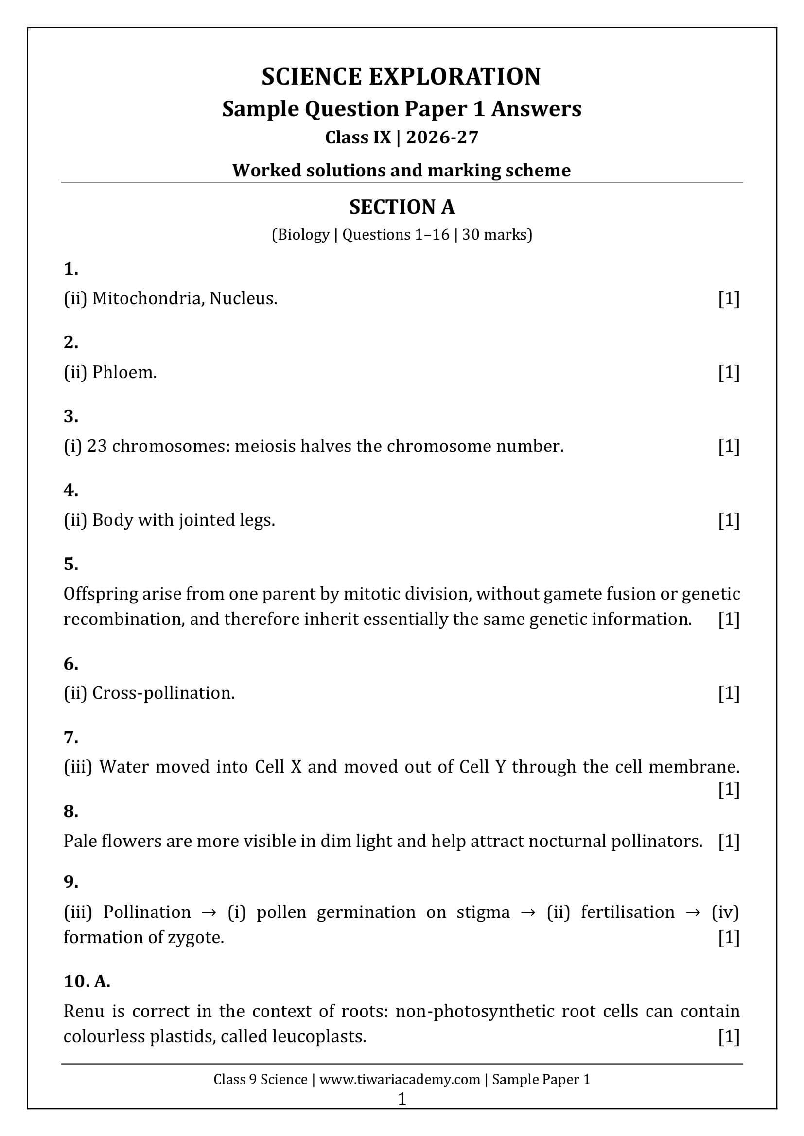 Class 9 Science Sample Paper 1 Answers Page 1
