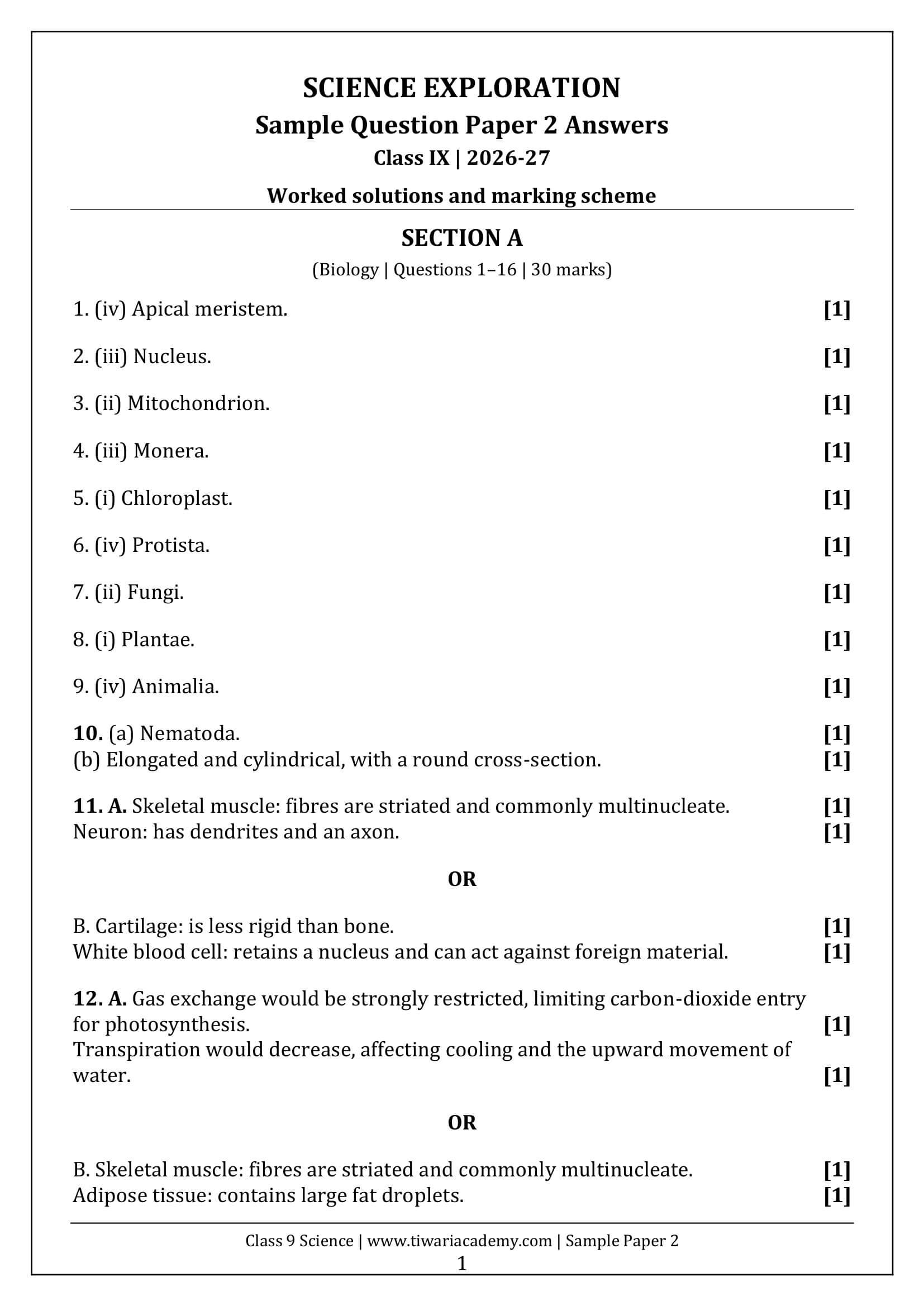 Class 9 Science Sample Paper 2 Answers Page 1