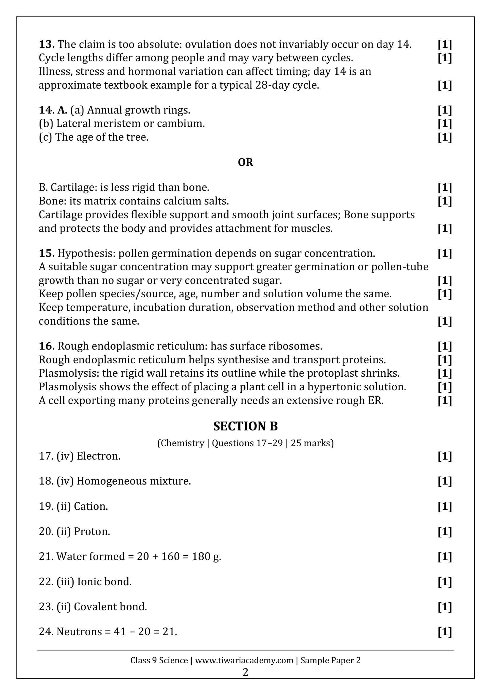 Class 9 Science Sample Paper 2 Answers Page 2