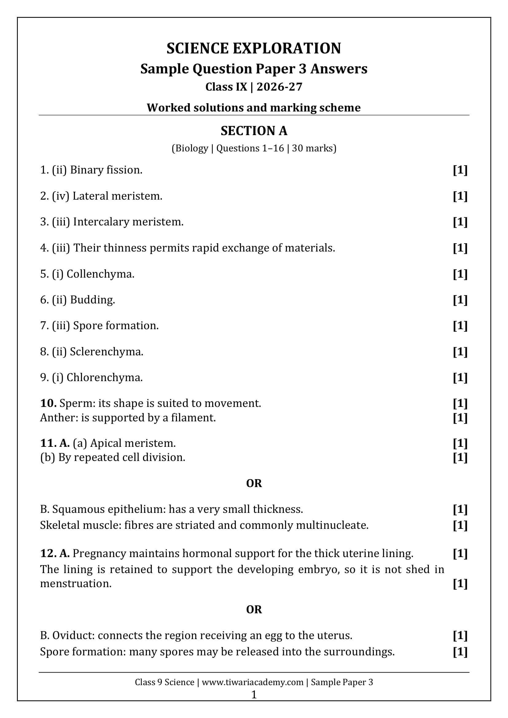 Class 9 Science Sample Paper 3 Answers Page 1