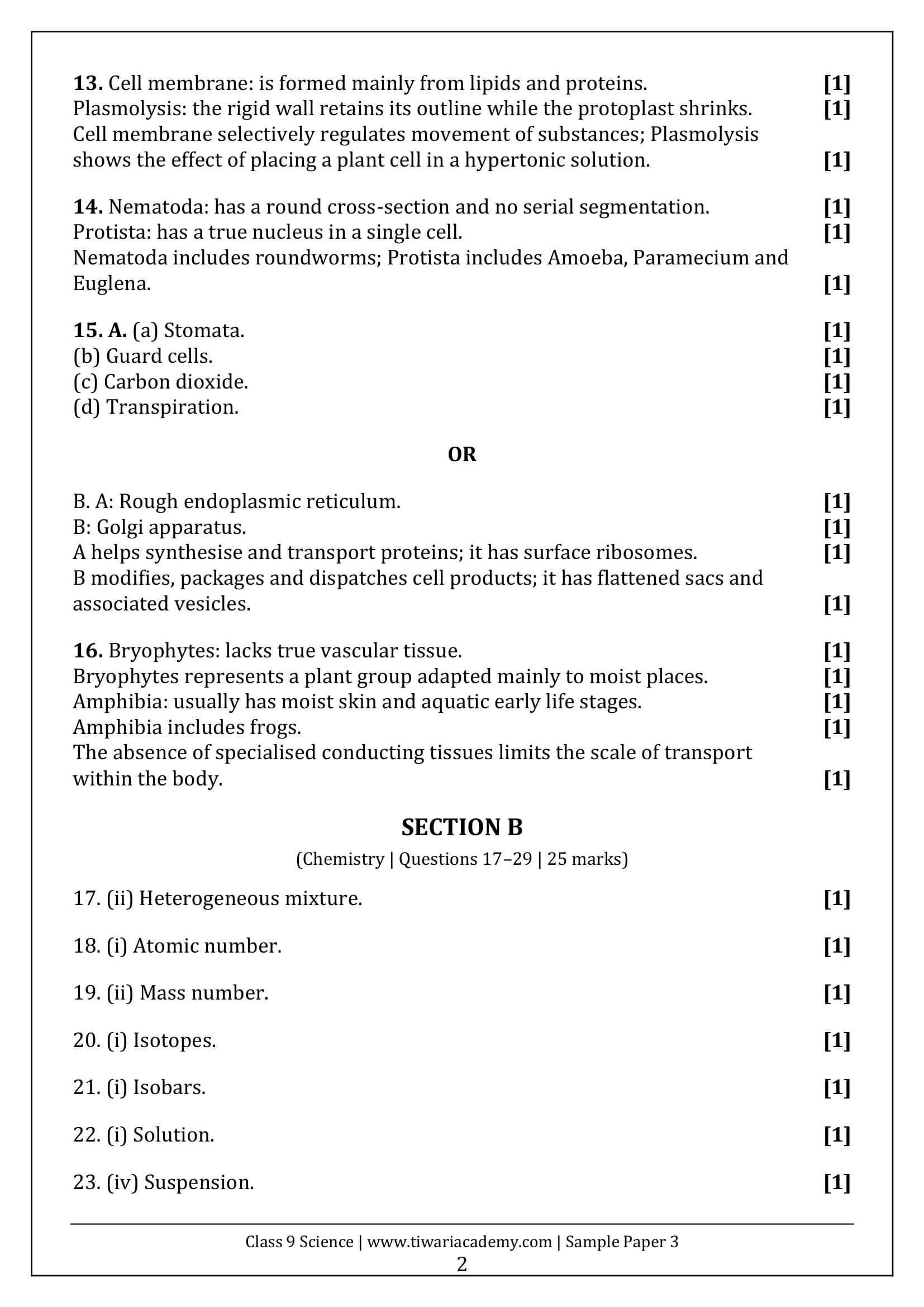 Class 9 Science Sample Paper 3 Answers Page 2