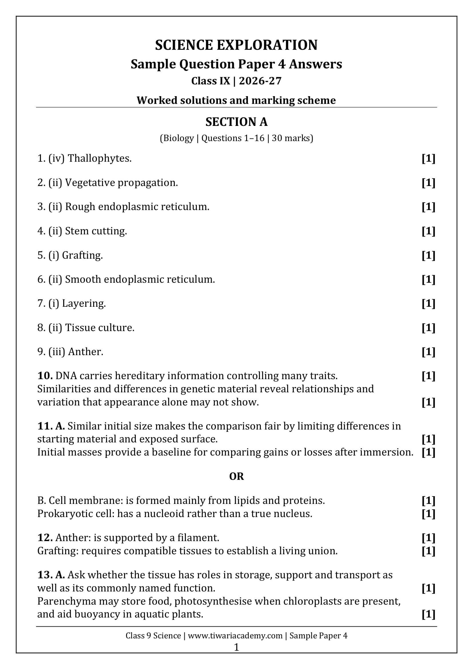 Class 9 Science Sample Paper 4 Answers Page 1
