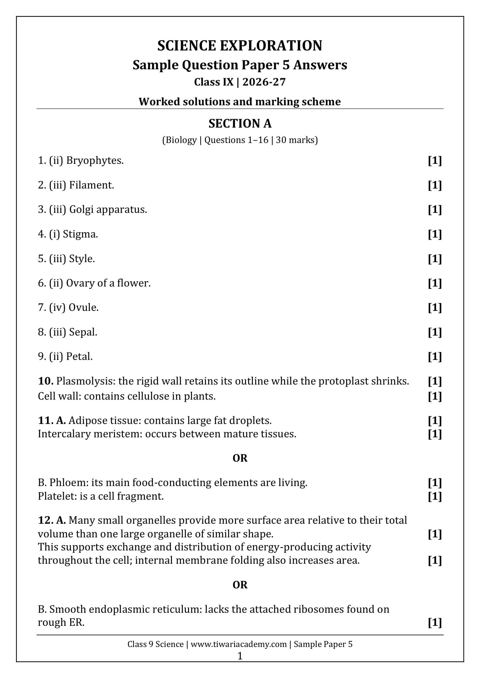 Class 9 Science Sample Paper 5 Answers Page 1